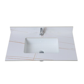 Montary 37inch bathroom vanity top stone white gold tops with rectangle undermount ceramic sink and single faucet hole W509128654