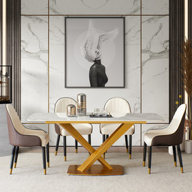 Sintered stone dinning table,Carrara white color, Modern Dinning table with solid Gold Carbon Stell base 63" W50952328