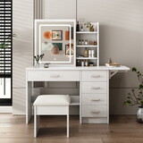 Fashion Vanity Desk with Mirror and Lights for Makeup with open shelves and Chair, Vanity Mirror with Lights and Table Set with 3 Color Lighting Brightness Adjustable, 5 Drawers, White Color