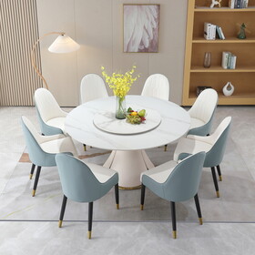 59.05"Modern Sintered stone dining table with 31.5" round turntable with wood and metal exquisite pedestal with 8 pcs Chairs . W509S00025