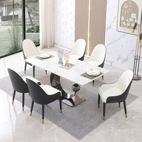 71-inch Stone DiningTable with Carrara White color and Round special shape carbon steel Pedestal Base with 6PCS Chairs W509S00040