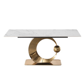 71-inch Stone DiningTable with Carrara White color and Round special shape stainless steel Gold Pedestal Base