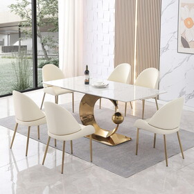 71-inch Stone DiningTable with Carrara White color and Round special shape carbon steel Pedestal Base with 6PCS Chairs
