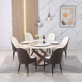 59.05"Modern Sintered stone dining table with 31.5" round turntable and metal exquisite pedestal with 6pcs Chairs. W509S00060