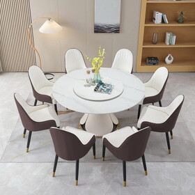 59.05"Modern Sintered stone dining table with 31.5" round turntable with wood and metal exquisite pedestal with 8pcs Chairs W509S00061