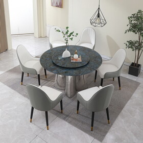 53.3"Modern Sintered stone dining table with 31.5" round turntable and metal exquisite pedestal with 6pcs Chairs W509S00063