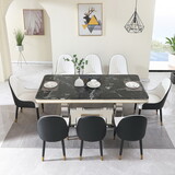 Luxury Modern Dining Table 78.7inch Black Dining Table with 8 chairs Faux Marble Dining Table Top with Titanium-Plated Dual Circle Base with 8pcs Chairs . W509S00069