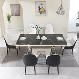 Luxury Modern Dining Table 78.7inch Black Dining Table with 6 chairs Faux Marble Dining Table Top with Titanium-Plated Dual Circle Base with 6pcs Chairs .