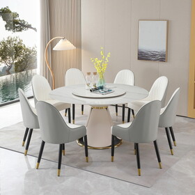 59.05"Modern Sintered stone dining table with 31.5" round turntable with wood and metal exquisite pedestal with 8 pcs Chairs . W509S00078