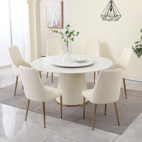 59"Modern Sintered stone dining table with 31.5" round turntable with wood and metal exquisite pedestal with 6 pcs Chairs . W509S00082