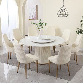 59"Modern Sintered stone dining table with 31.5" round turntable with wood and metal exquisite pedestal with 8 pcs Chairs . W509S00083