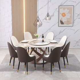 59.05"Modern Sintered stone dining table with 31.5" round turntable and metal exquisite pedestal with 8 pcs Chairs . W509S00092