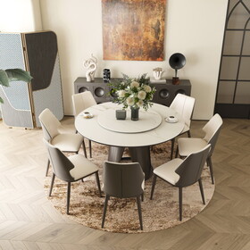59"Modern Sintered stone dining table with 35.4" round turntable for 8 person with wood and metal exquisite pedestal with 8pcs Chairs W509S00114