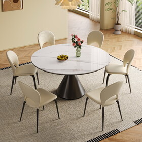 53.1-inch Round Dining Table with Artificial Stone Top & Stainless Steel Base with 6pcs Chairs - Modern and Durable Design for Dining Room or Kitchen W509S00120