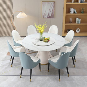 59.05"Modern artificial stone dining table with 31.5" round turntable with wood and metal exquisite pedestal with 8 pcs Chairs . W509S00122