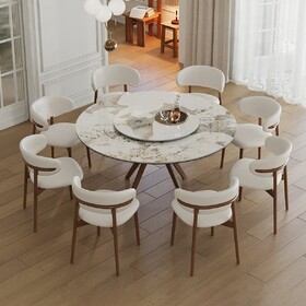 59-inch Modern Sintered Stone Dining Table Set (Table + 8 Chairs), Equipped with a 35-inch Round Turntable, Seating 6-8 People, with a Walnut-colored Wood Base
