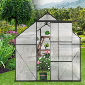 6x8 FT Double Door Polycarbonate Greenhouse Raised Base and Anchor Aluminum Heavy Duty Walk-in Greenhouses for Outdoor Backyard in All Season, Black W540S00030