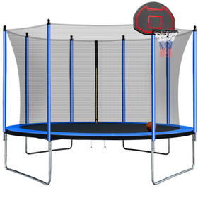 10FT Trampoline with Basketball Hoop Inflator and Ladder(Inner Safety Enclosure) Blue W55033651