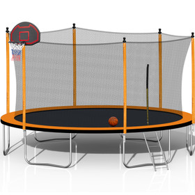 15FT Trampoline with Basketball Hoop Inflator and Ladder(Inner Safety Enclosure) Orange W550S00008