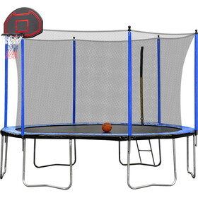15FT Trampoline with Basketball Hoop Inflator and Ladder(Inner Safety Enclosure) Blue W550S00009