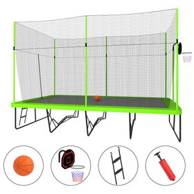 10ft by 17ft Rectangule Trampoline with Green Fabric Black Powder-coated Galvanized Steel Tubes with Basketball Hoop System Advanced Ladder W550S00018