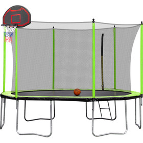 14FT Trampoline with Basketball Hoop Inflator and Ladder(Inner Safety Enclosure) Green W550S00019