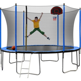 YC 14FT Trampoline with Basketball Hoop Inflator and Ladder(Inner Safety Enclosure) Blue A+B W550S00036