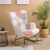 Accent Rocking Chair, Mid Century Fabric Rocker Chair with Wood Legs and Patchwork Linen for Livingroom Bedroom P-W56140569