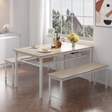 3 Pieces Farmhouse Kitchen Table Set with Two Benches, Metal Frame and MDF Board,white