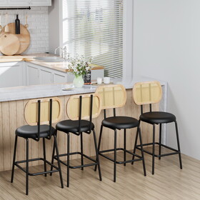 Rattan Bar Stool, Indoor Leather Bar Stools Set of 4, Counter Height Bar Stools with Metal Leg & Rattan Backrest, Armless Dining Room Chairs for Kitchens Island