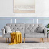 GREY Velvet Tufted Sofa Couch with 2 Pillows and Nailhead Trim W588P153426