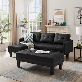 Faux Leather Sectional Sofa Bed, L-Shape Sofa Chaise Lounge with Ottoman Bench W588S00008