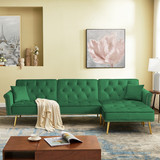 Velvet Upholstered Reversible Sectional Sofa Bed, L-Shaped Couch with Movable Ottoman and Nailhead Trim for Living Room. (Green) W588S00041