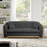 Black button tufted velvet 3 seater sofa
