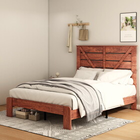 Queen Bed Frame Headboard and Charging Station, Wood Platform Bed, Sturdy and No Noise, No Box Spring Needed, Vintage Brown