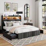 Queen Bed Frame with Storage Headboard, Wooden Bed Frame with 47.2