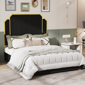 Queen Size Bed Frame and 59.06" Headboard, Upholstered Bed with Golden Plating Trim, Modern Platform Bed No Box Spring Needed, Black