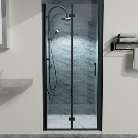 34 to 35-3/8 in. W x 72 in. H Bi-Fold Semi-Frameless Shower Doors in Matte Black with Clear Glass W63777031