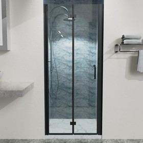 32 to 33-3/8 in. W x 72 in. H Bi-Fold Semi-Frameless Shower Doors in Matte Black with Clear Glass W63777045