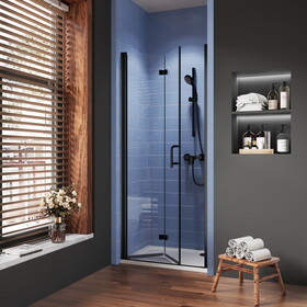32 to 33-3/8 in. W x 72 in. H Bi-Fold Semi-Frameless Shower Doors in Matte Black with Clear Glass W637P163680