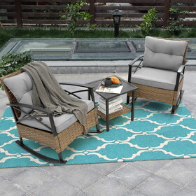 3pcs rocking rattan set, leisure chair outdoor rattan rocking chair set grey W640134152