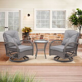 3 Pieces Outdoor Swivel Rocker Patio Chairs, 360 Degree Rocking Patio Conversation Set with Thickened Cushions and Glass Coffee Table for Backyard, Grey W640142357