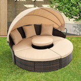 Hot Sale KD Rattan Round Lounge with Canopy Bali Canopy Bed Outdoor, Wicker Outdoor Sofa Bed with lift coffee table W640S00034