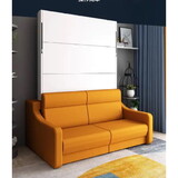 Full Size Morden Deisgn Full Size Vertical Murphy Bed with Sofa and Drawers for Bedroom or Guestroom White Wall Bed Space Saving Hidden Bed with Gas Struts W650S00008