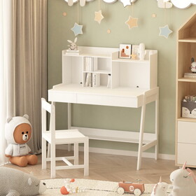 Modern classic desk, children's desk, solid wood desk, bedroom boy and girl family desk and chair set, compact, multi-space available, multi-color optional, multi-storage space, color:white
