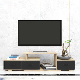 Modern TV stand, TV cabinet, entertainment center quick assembly of fastenersfolding fabric drawermetal handle, up to 65 inch TV,, lounge, living room or bedroom color light brown+ black