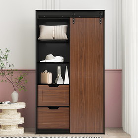 71-inch High Wardrobe and Cabinet, Clothes Locker, Classic Sliding Barn Door Armoire, Lockers, for Bedrooms, Cloakrooms, Living Rooms, Color: Black +Brown