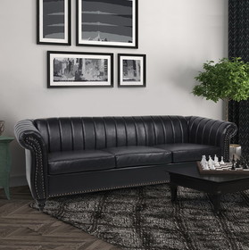 84" Black PU Rolled Arm Chesterfield Three Seater Sofa. W68031442