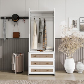 Wardrobe with 3 Drawers High Wardrobe Armoire with Rattan for Living Room, Bedroom Organizer W688P266052