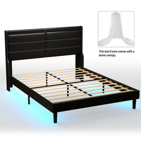 Stylish Queen Size PU Leather Upholstered Bed Frame Platform Bed with Lights Stitched Wing-backed Headboard Strong Wooden Slats Bed Canopy No Box Spring Needed Black W69167506